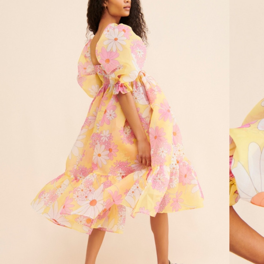New Selkie x Anthropologie Floral Flowers French Puff Dress Sz M Yellow - Picture 2 of 6